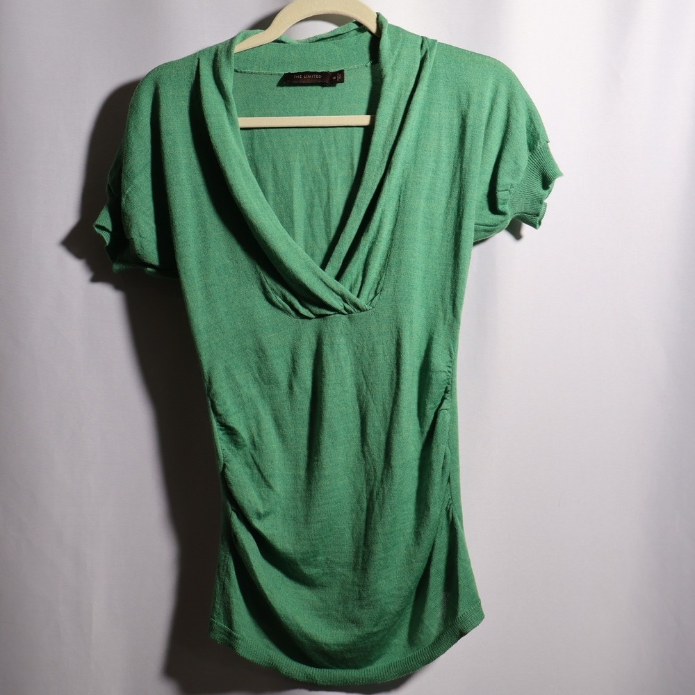 Green Merino Wool Blend Drape V Neck Ruched Short Sleeve Top XS Indie Sleaze Y2K